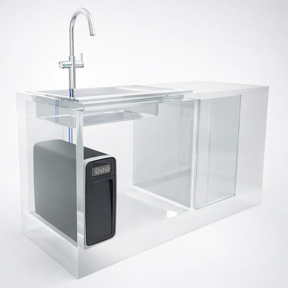 Schemat przepływu wody z jednostki centralnej do baterii trójdrożnej w dyspenserze EcoWater Optimo